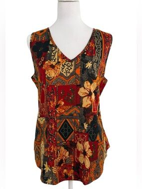 Emery Rose Floral Patchwork V-Neck Sleeveless Top | Large | Red Black Multi